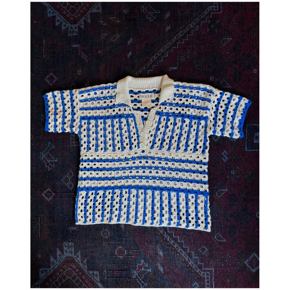 Proche Striped Crochet Polo Collared Shirt | Size Medium | Cerulean Blue & White